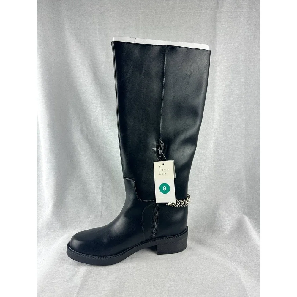 A New Day Women Black Knee High Boots‎ Silver Chain Detail Size 8 NWT